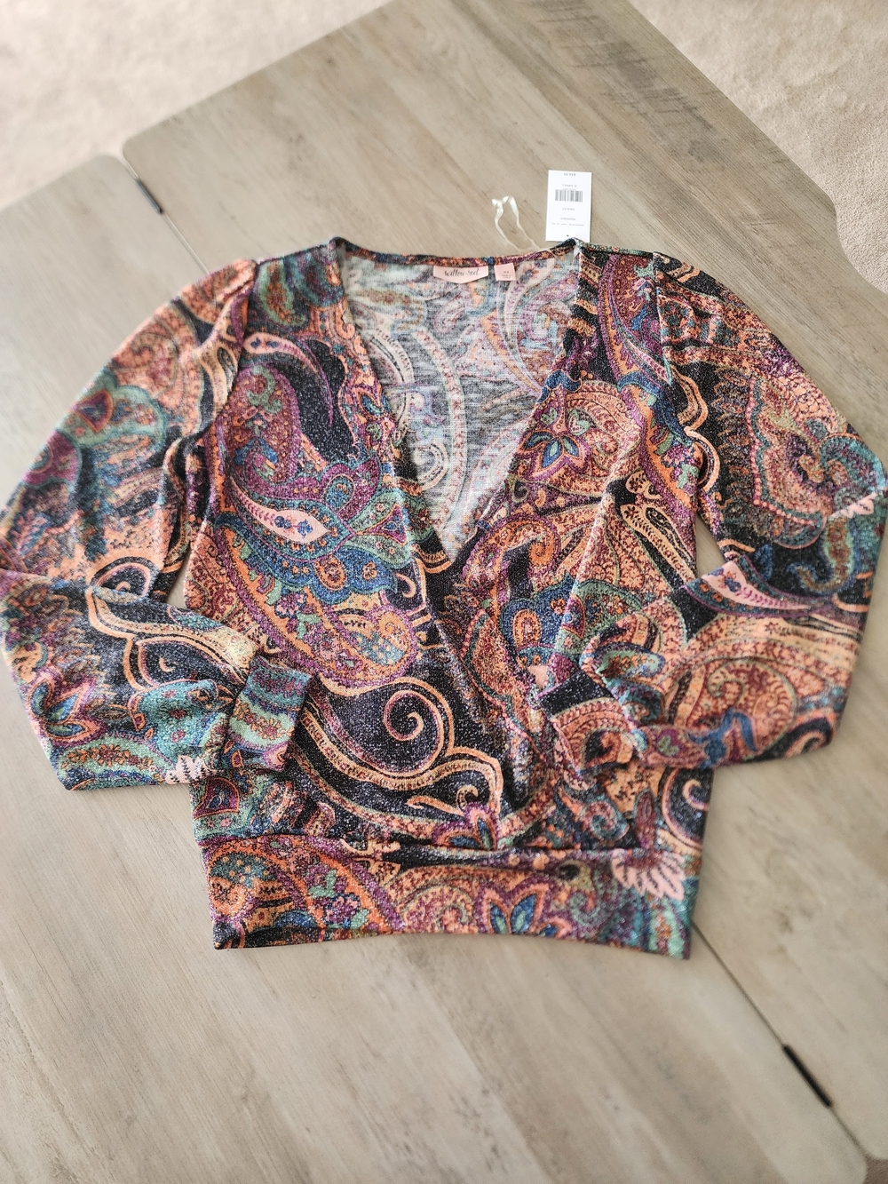 Willow + Root XS Paisley V-Neck Sweater - Teal, Purple, Peach, Black